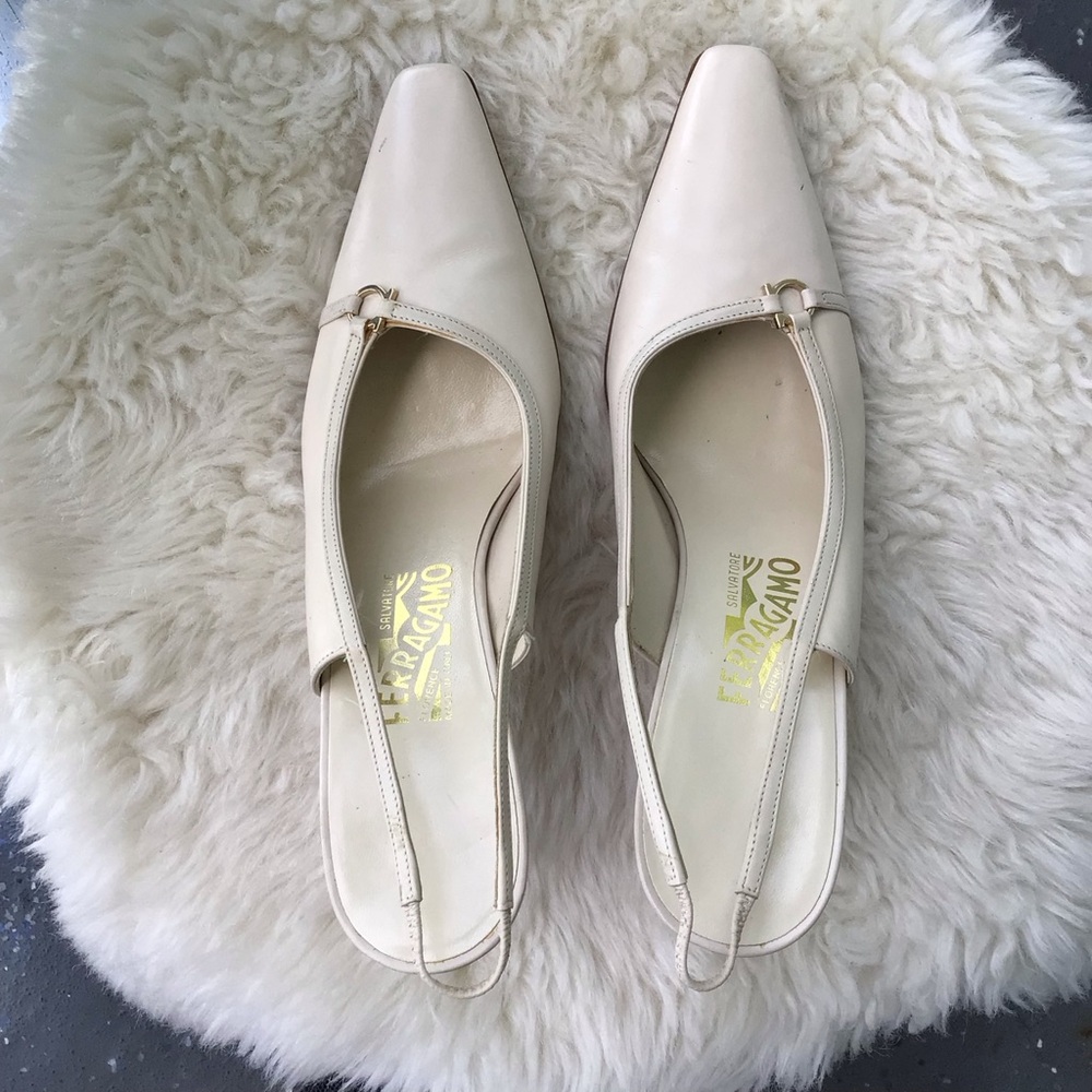 Salvatore Ferragamo Ivory Leather Slingback Flats with Gold Gancini Buckle
